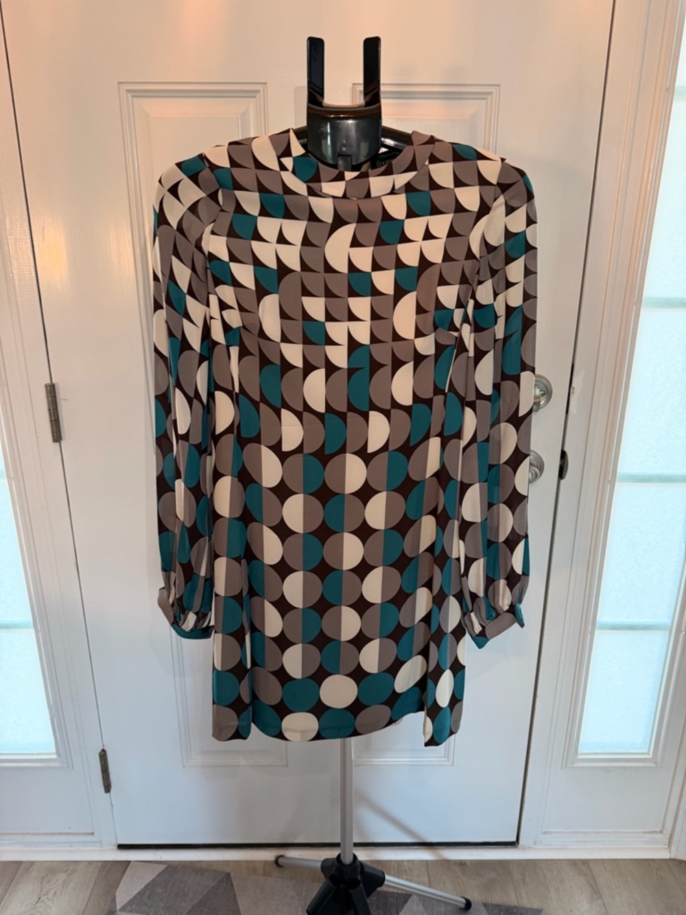 Geometric Print Long-Sleeve Shift Dress in Teal, Brown, Cream, and Gray